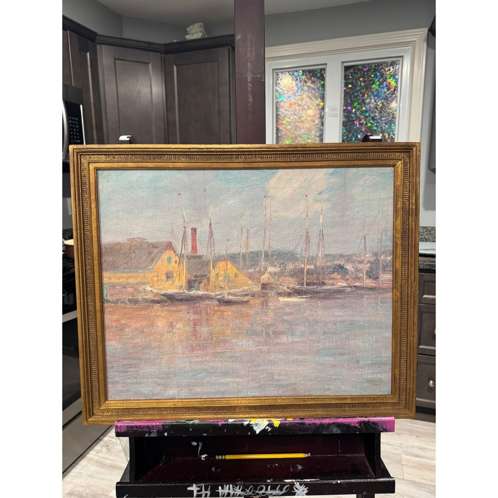 Impressionist Harbor Oil Painting Gold Ornate Frame Sailboats Coastal Scene Art